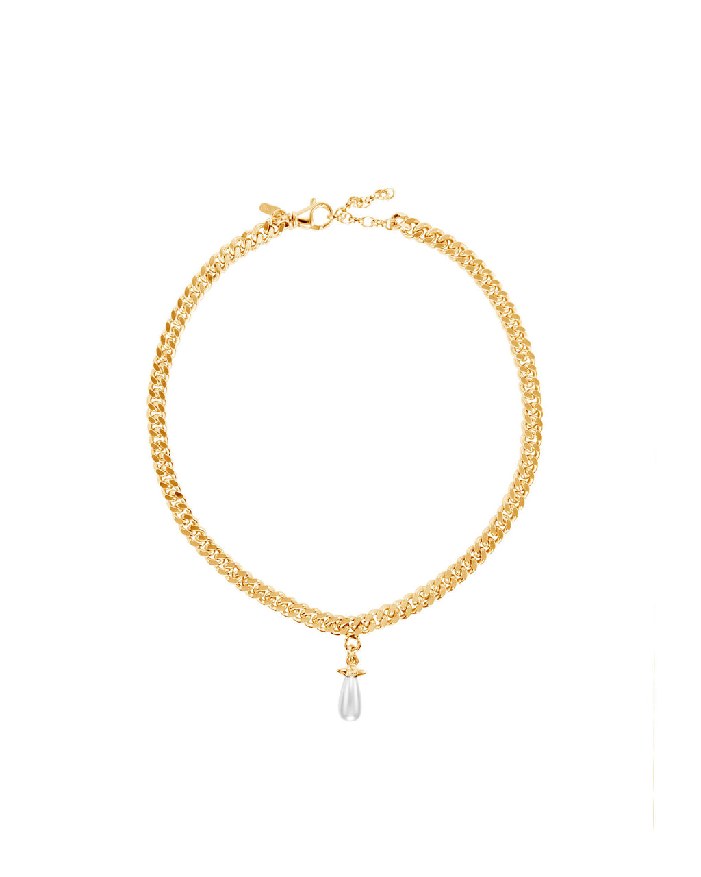 Chunky Chain Drop Gold Plated Necklace w. Glass Pearl