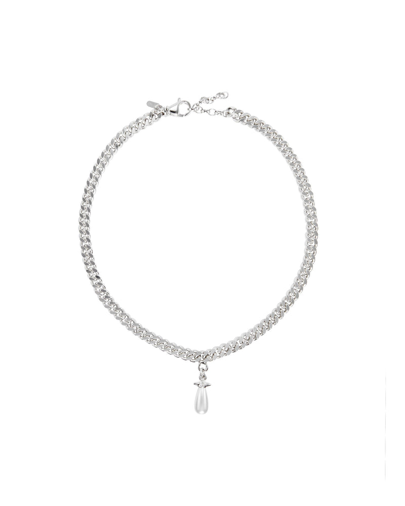 Chunky Chain Drop Silver Necklace w. Glass Pearl