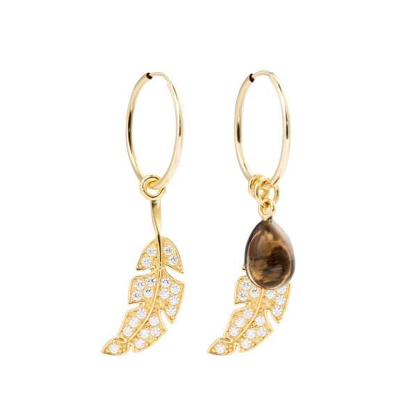 Leaf & Drop Gold Vermeil Hoops w. Smokey Onyx