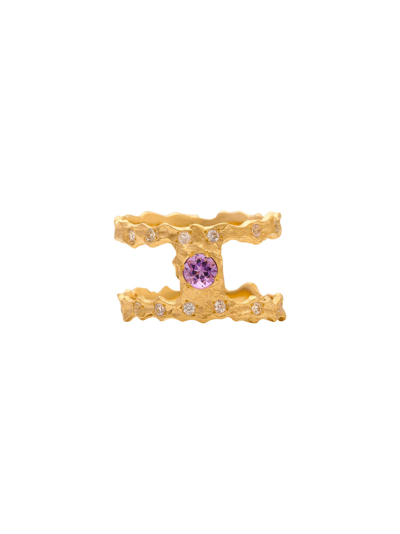 February Birthstone 18K Gold Ring w. Amethyst & Sapphires