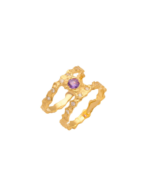 February Birthstone 18K Gold Ring w. Amethyst & Sapphires