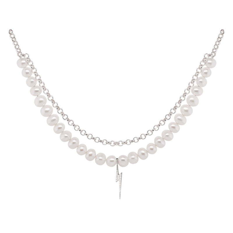 Bolt Silver Necklace w. Pearl & Zirconia