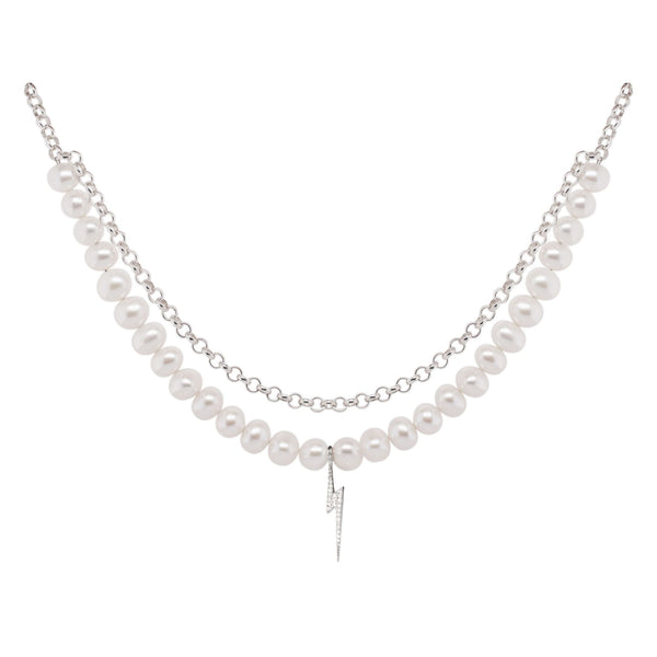 Bolt Silver Necklace w. Pearl & Zirconia
