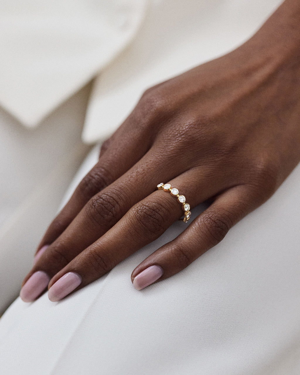 Bold 14K or 18K White Gold Bezel Band Ring w. Lab-Grown Diamonds