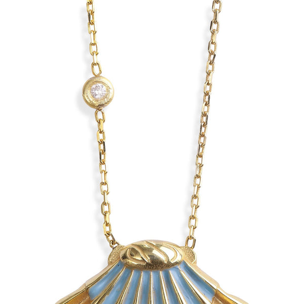 Sky Blue Shell 14K Gold Necklace w. Diamond