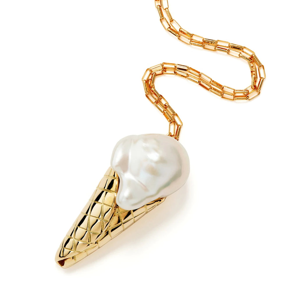 Large Ice Cream 18K, 14K Gold Necklace w. Pearl