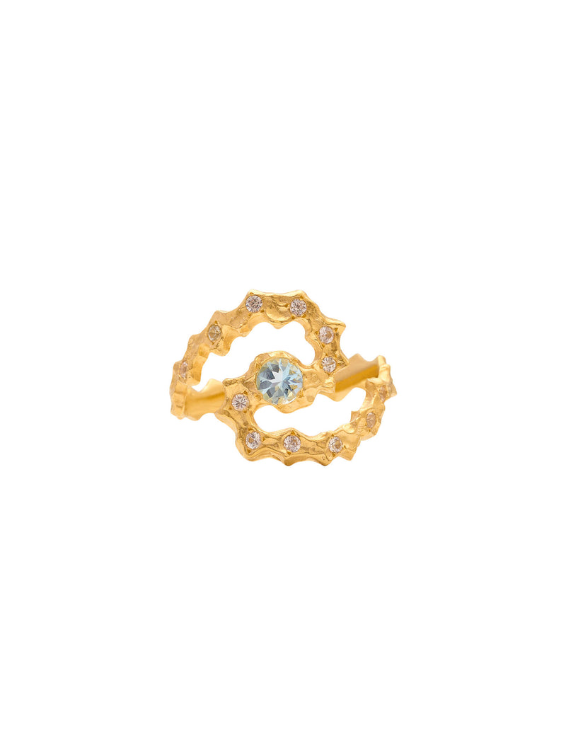 March Birthstone 18K Gold Ring w. Aquamarine & Sapphires