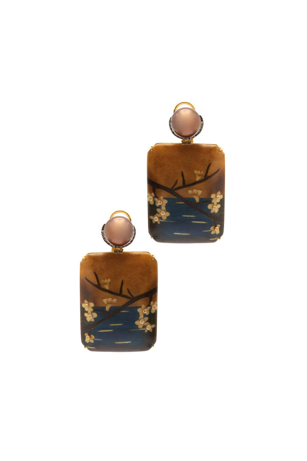 Marquetry Brown Pearl 18K Gold Earrings w. Pearl