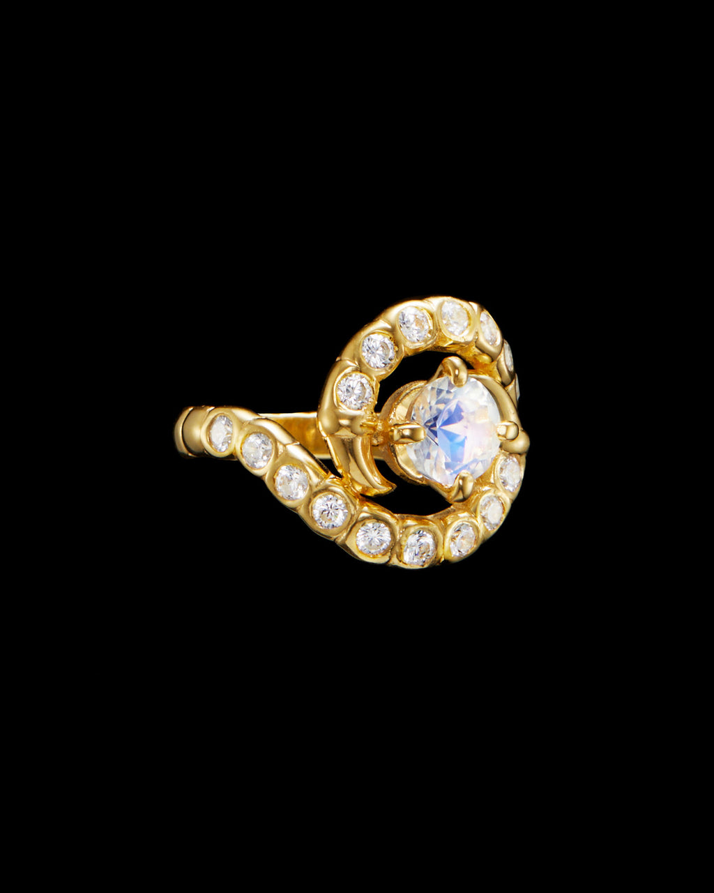 Maze Gold Plated Ring w. Moonstone & Lab-Grown Diamonds