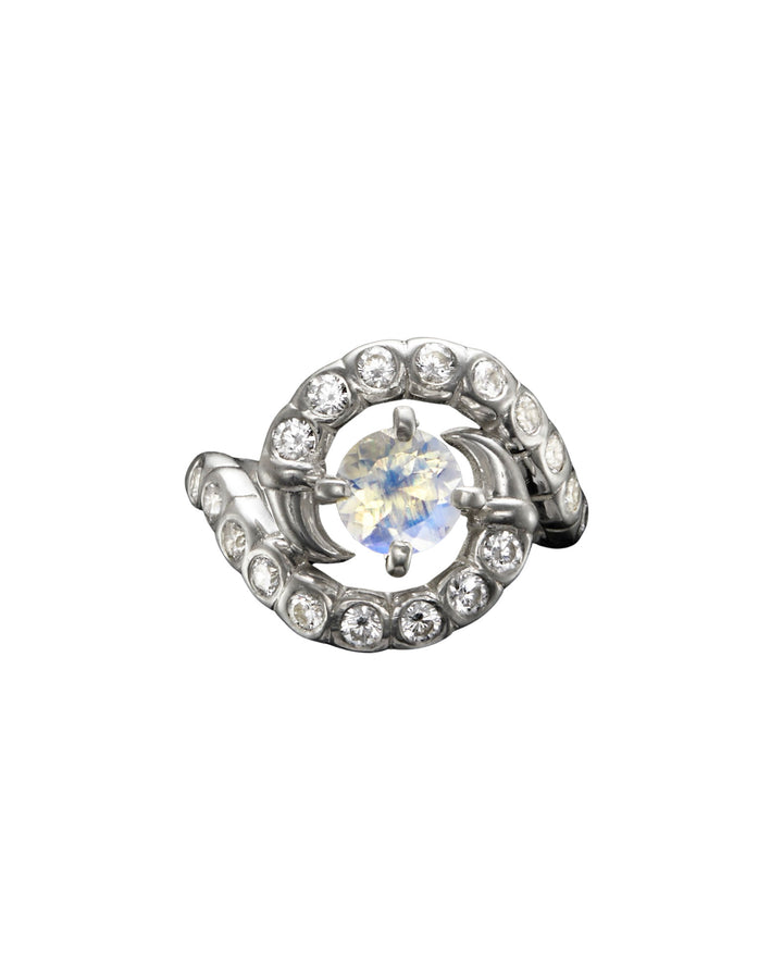 Maze Silver Ring w. Moonstone & Lab-Grown Diamonds