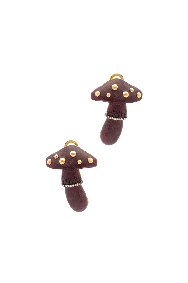 Carved Wood Mushroom 18K Gold Earrings
