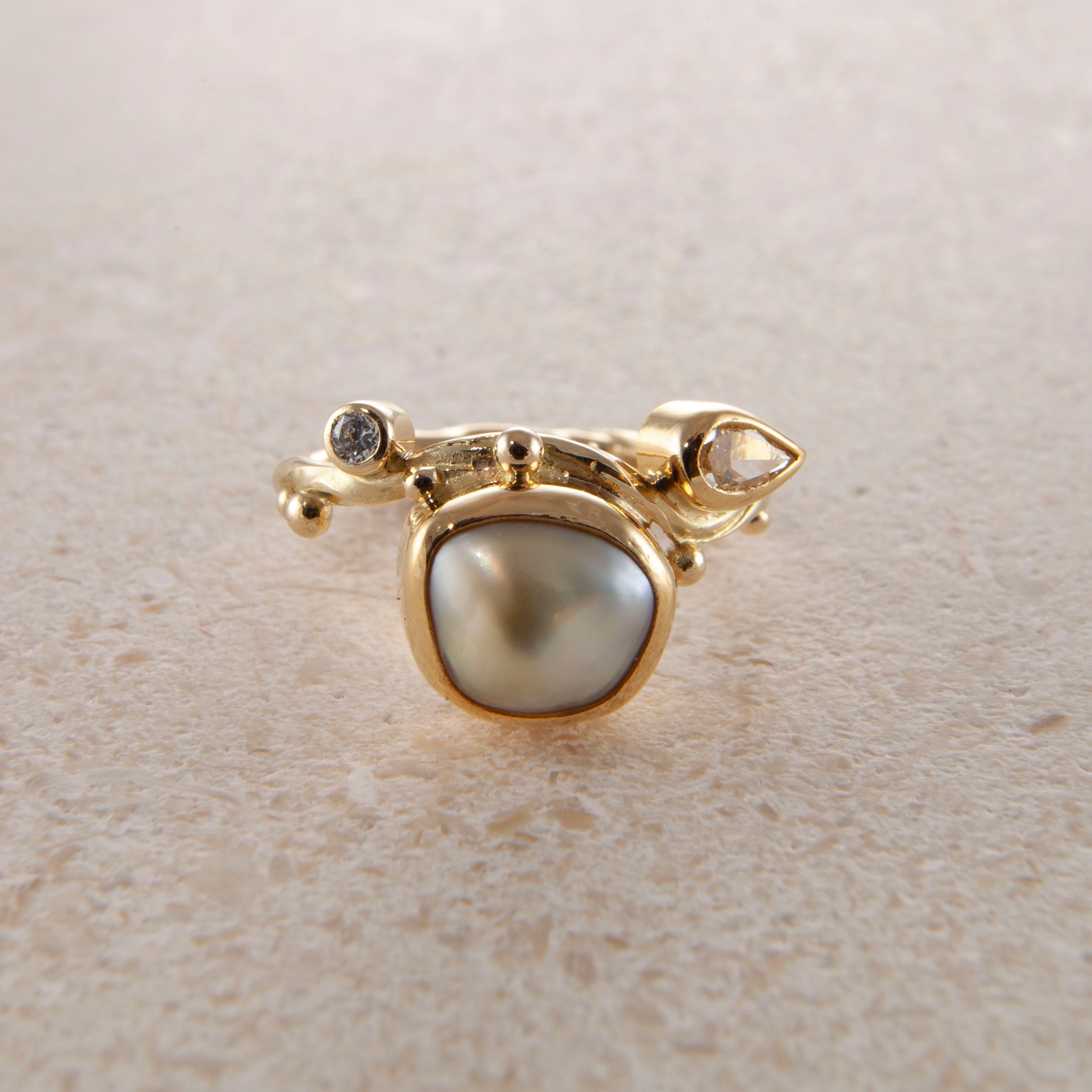 Seafire 18K & 22K Gold Ring w. Keshi Pearl & Diamond