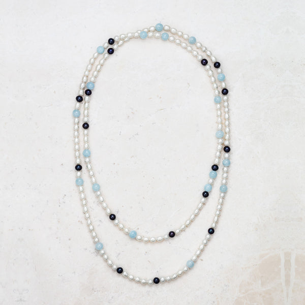 Pearl & Blue Bead Long Necklace