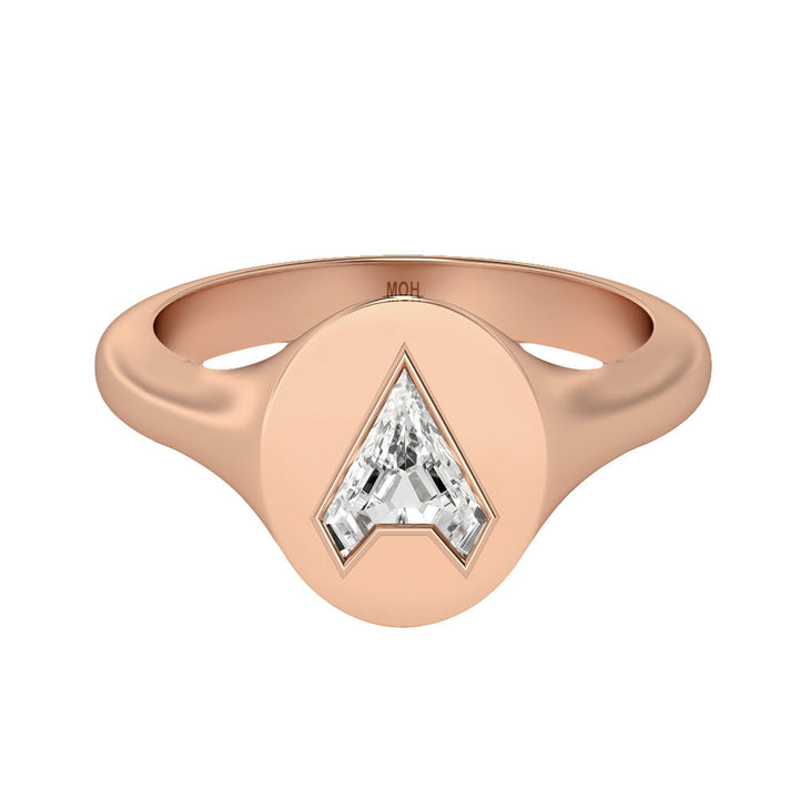 Alphabet 18K Rosegold Initial A Signet Ring w. Solitaire Lab-Grown Diamond