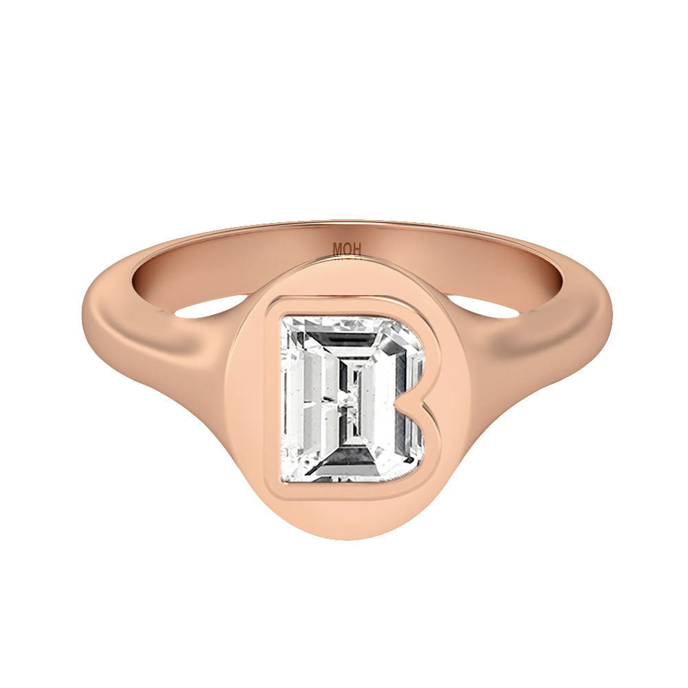 Alphabet 18K Rosegold Initial B Signet Ring w. Solitaire Lab-Grown Diamond