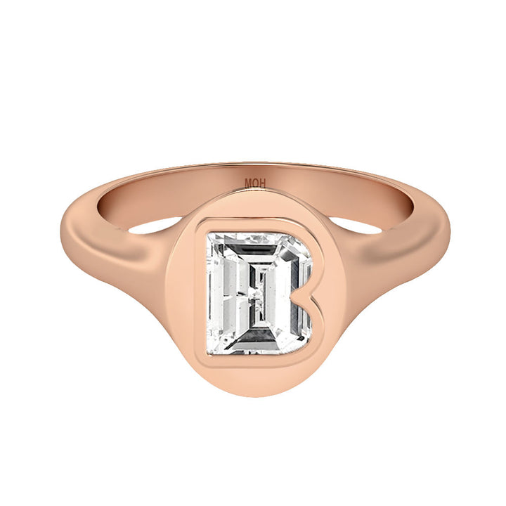 Alphabet 18K Rosegold Initial B Signet Ring w. Solitaire Lab-Grown Diamond
