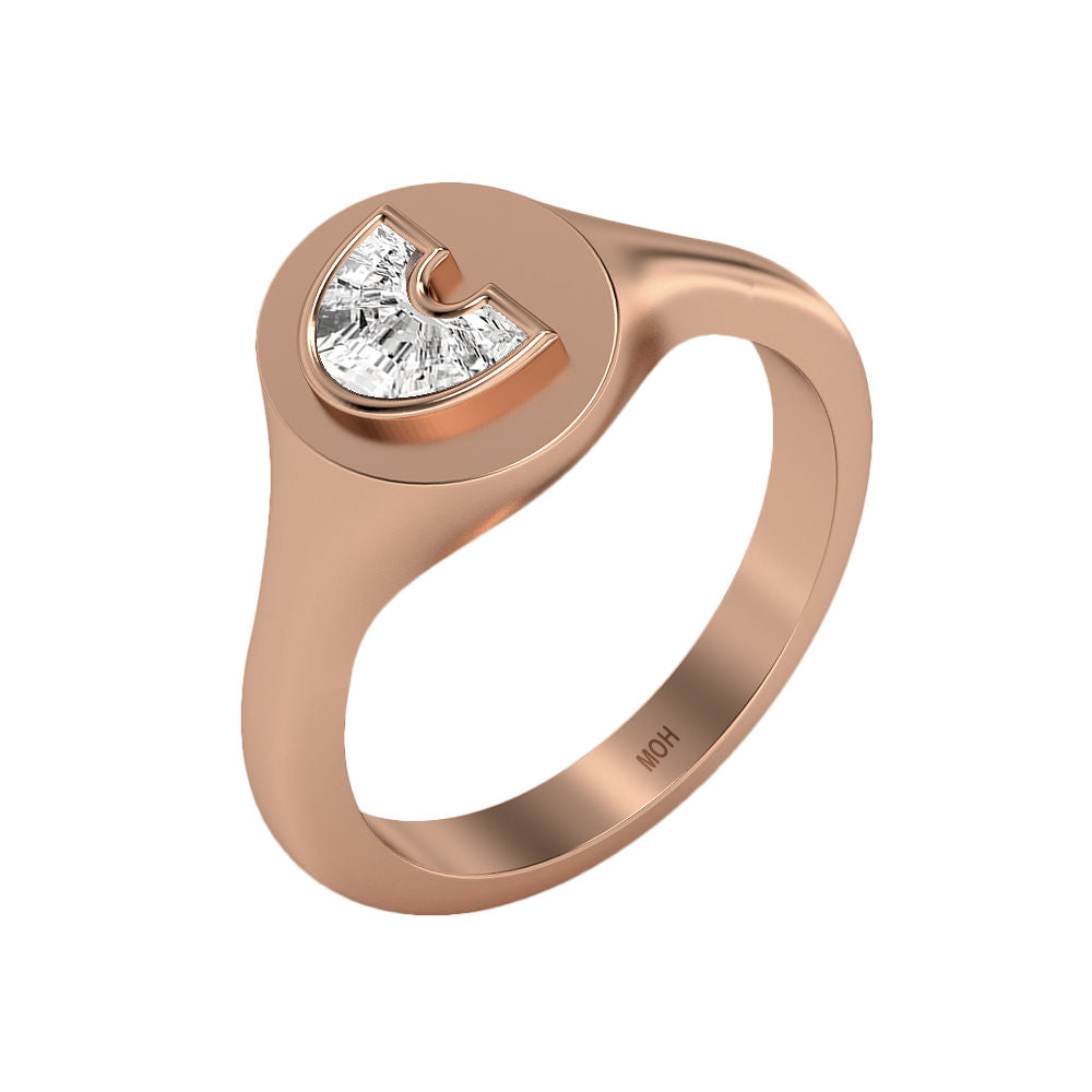 Alphabet 18K Rosegold Initial C Signet Ring w. Solitaire Lab-Grown Diamond