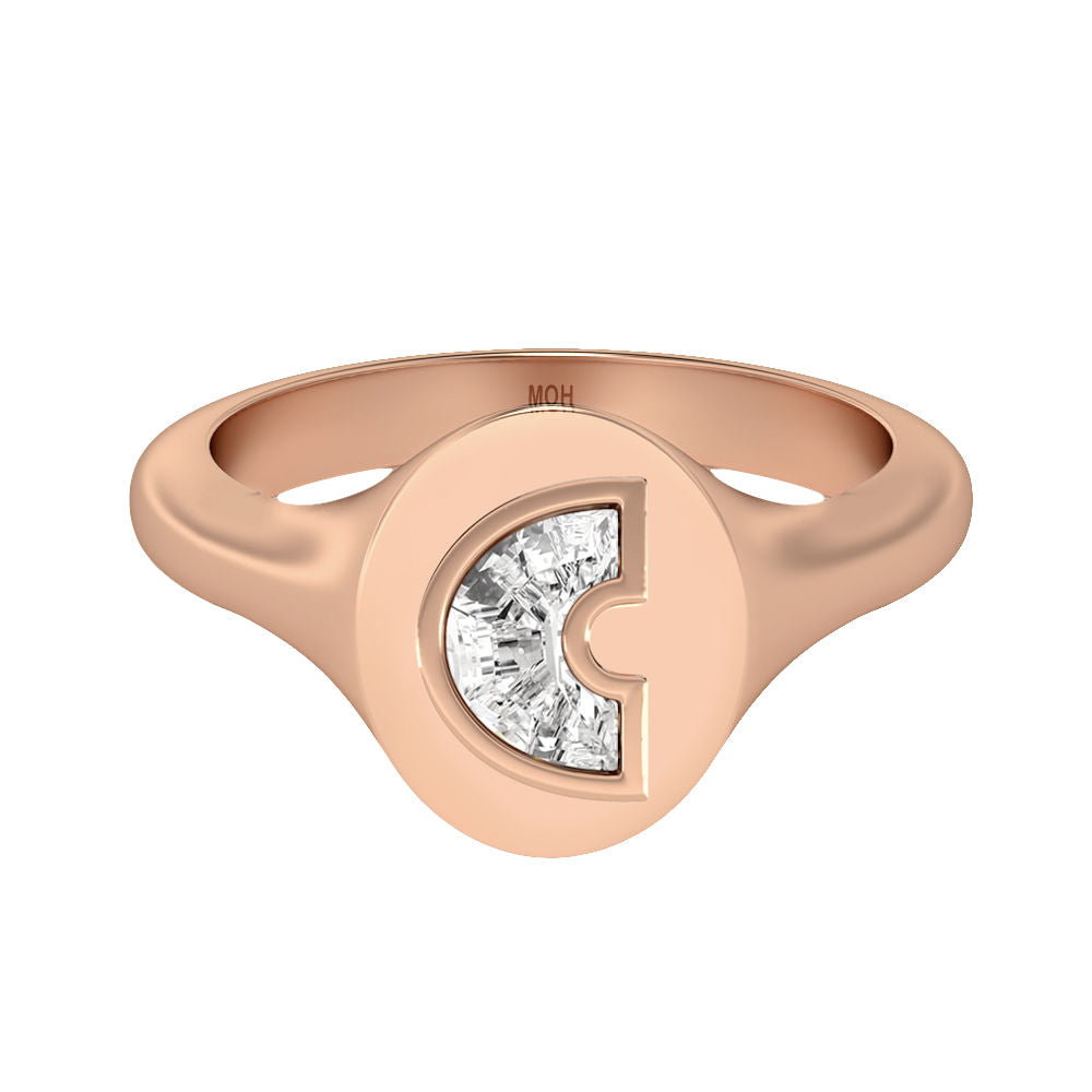 Alphabet 18K Rosegold Initial C Signet Ring w. Solitaire Lab-Grown Diamond
