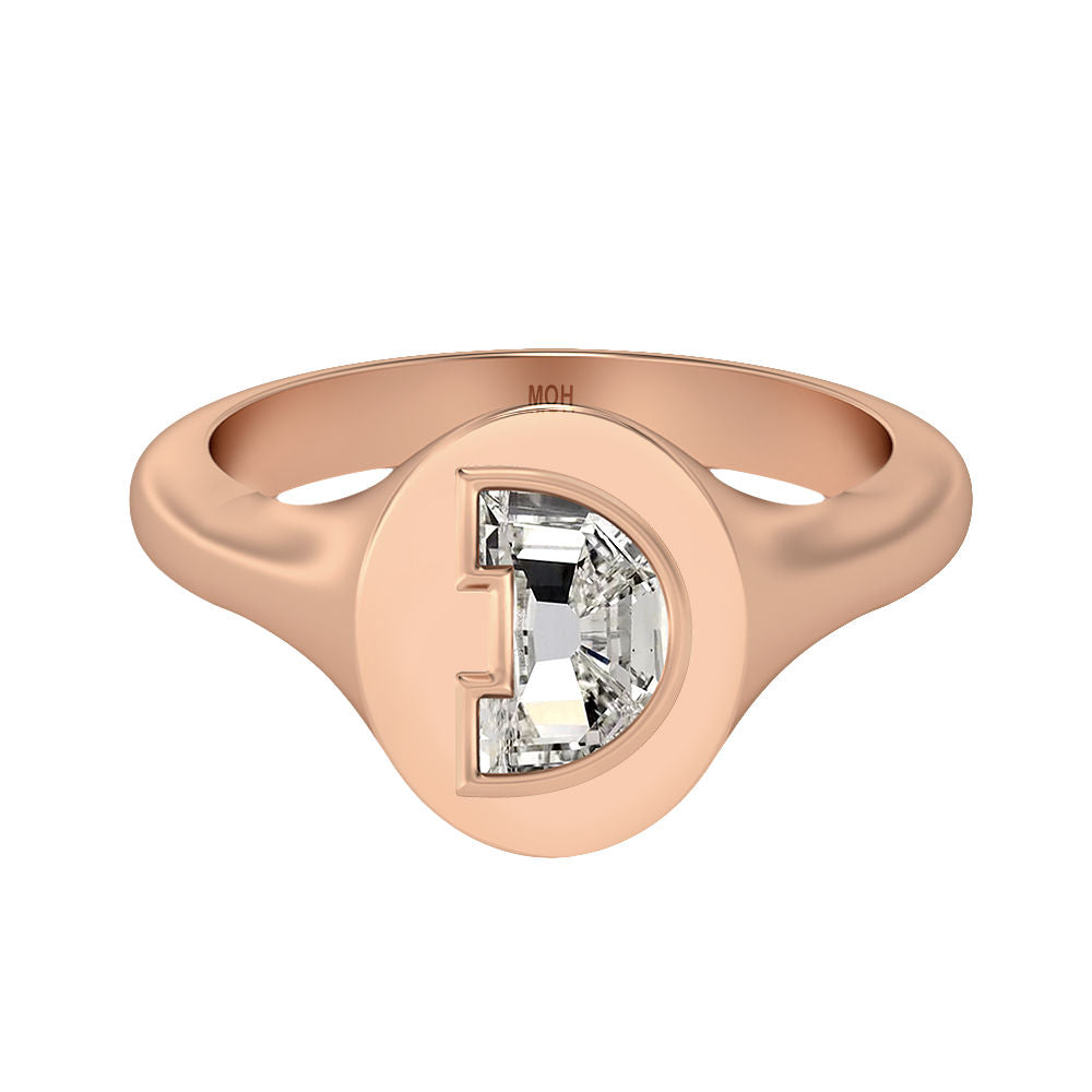 Alphabet 18K Rosegold Initial D Signet Ring w. Solitaire Lab-Grown Diamond