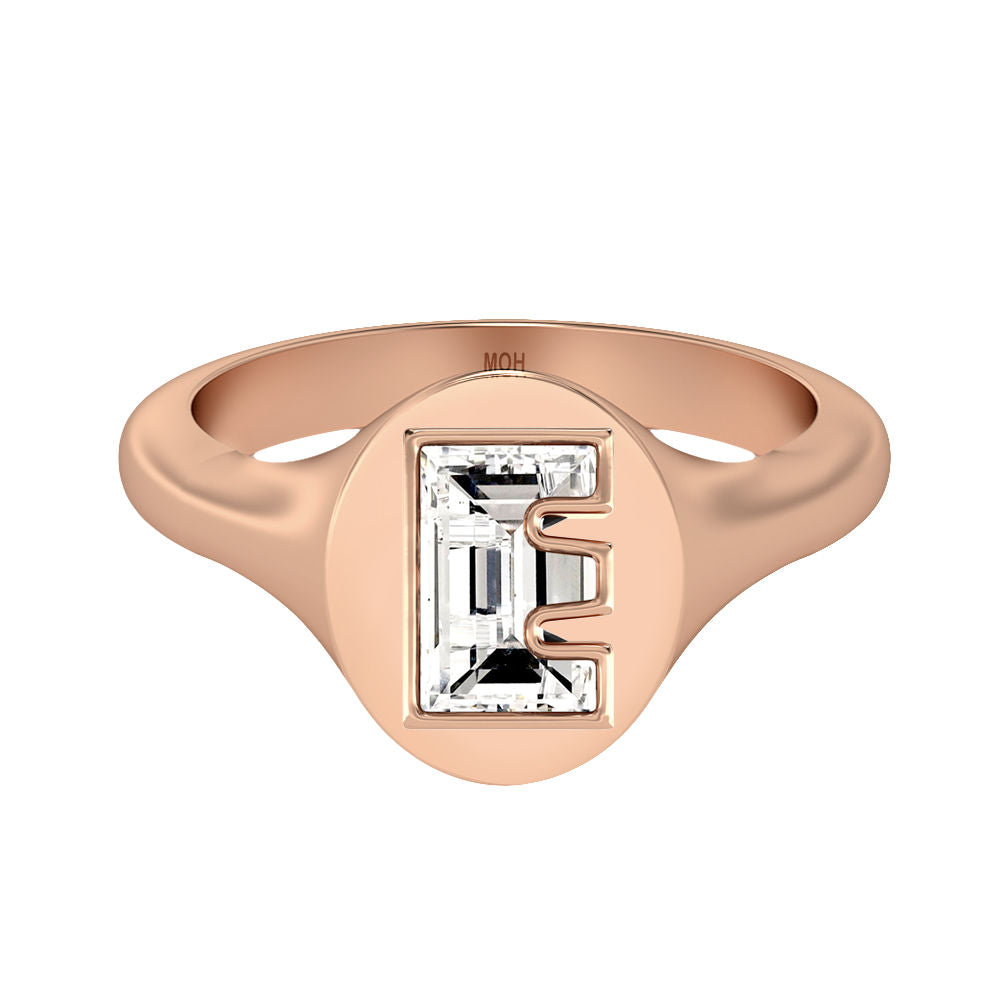 Alphabet 18K Rosegold Initial E Signet Ring w. Solitaire Lab-Grown Diamond