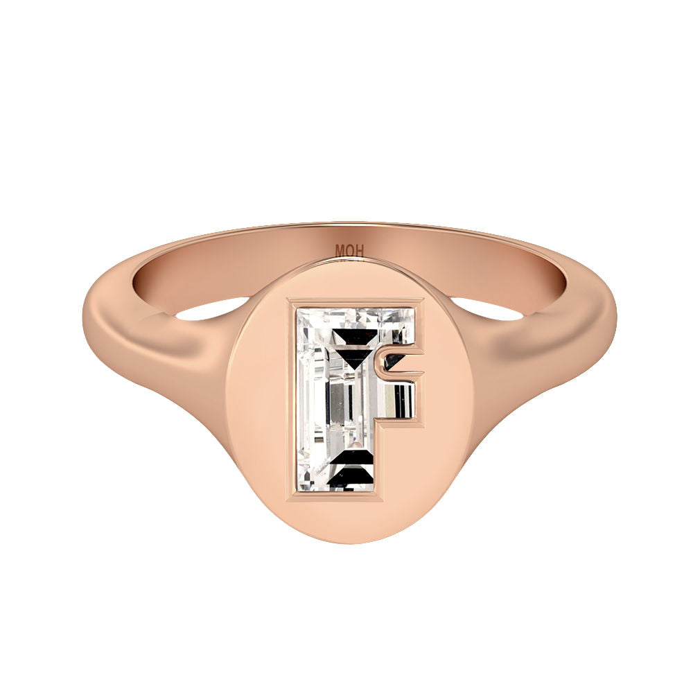 Alphabet 18K Rosegold Initial F Signet Ring w. Solitaire Lab-Grown Diamond