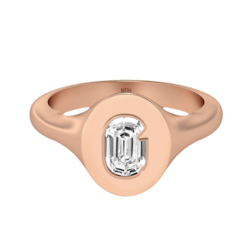 Alphabet 18K Rosegold Initial G Signet Ring w. Solitaire Lab-Grown Diamond