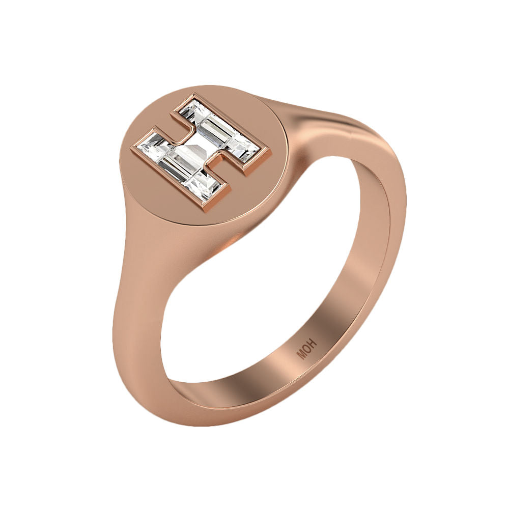 Alphabet 18K Rosegold Initial H Signet Ring w. Solitaire Lab-Grown Diamond