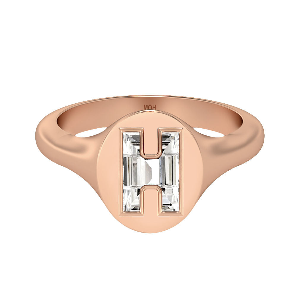 Alphabet 18K Rosegold Initial H Signet Ring w. Solitaire Lab-Grown Diamond