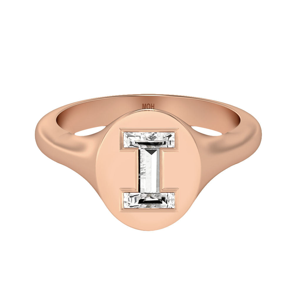 Alphabet 18K Rosegold Initial I Signet Ring w. Solitaire Lab-Grown Diamond