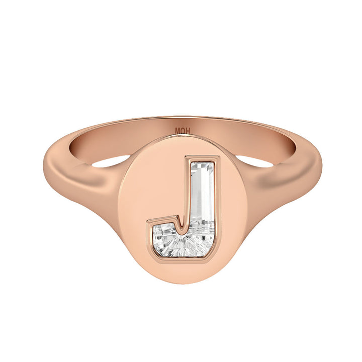 Alphabet 18K Rosegold Initial J Signet Ring w. Solitaire Lab-Grown Diamond