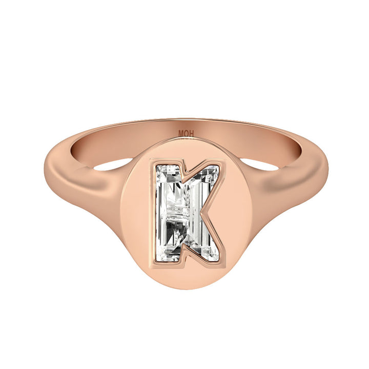 Alphabet 18K Rosegold Initial K Signet Ring w. Solitaire Lab-Grown Diamond
