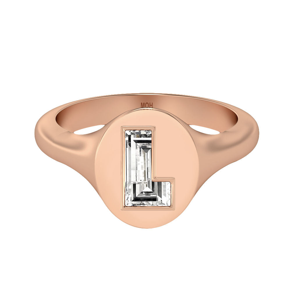 Alphabet 18K Rosegold Initial L Signet Ring w. Solitaire Lab-Grown Diamond