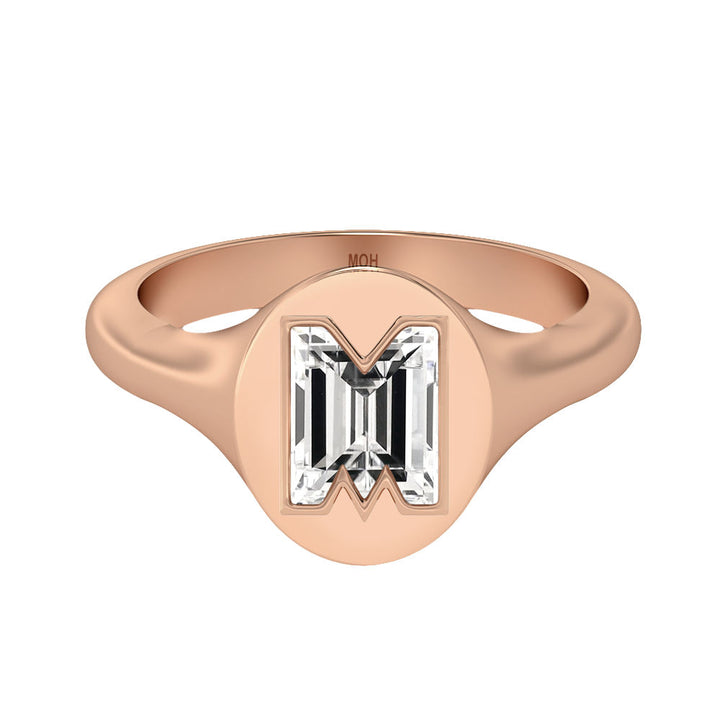 Alphabet 18K Rosegold Initial M Signet Ring w. Solitaire Lab-Grown Diamond