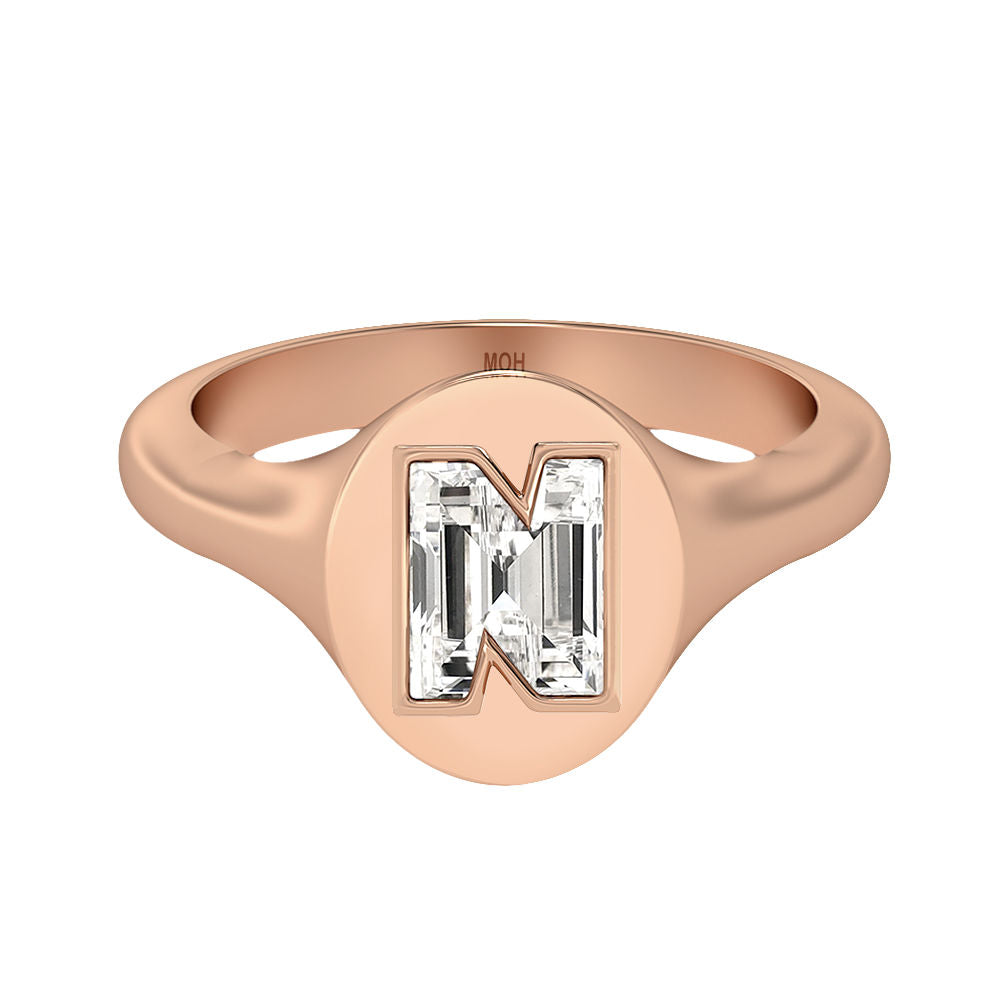 Alphabet 18K Rosegold Initial N Signet Ring w. Solitaire Lab-Grown Diamond