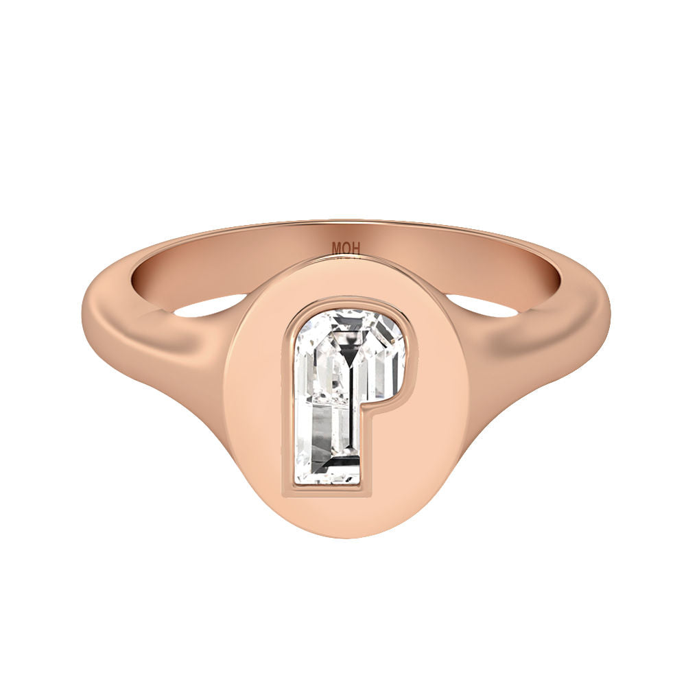 Alphabet 18K Rosegold Initial P Signet Ring w. Solitaire Lab-Grown Diamond