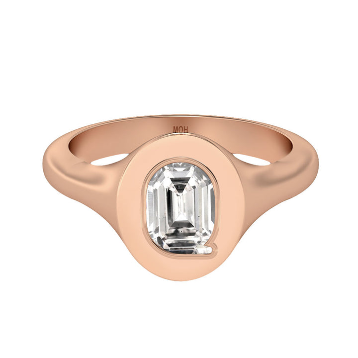 Alphabet 18K Rosegold Initial Q Signet Ring w. Solitaire Lab-Grown Diamond