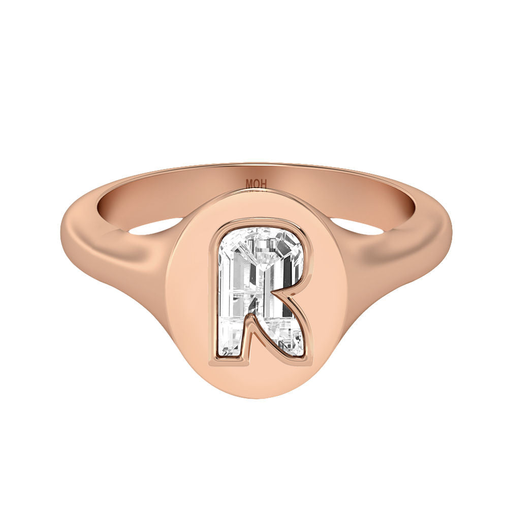 Alphabet 18K Rosegold Initial R Signet Ring w. Solitaire Lab-Grown Diamond