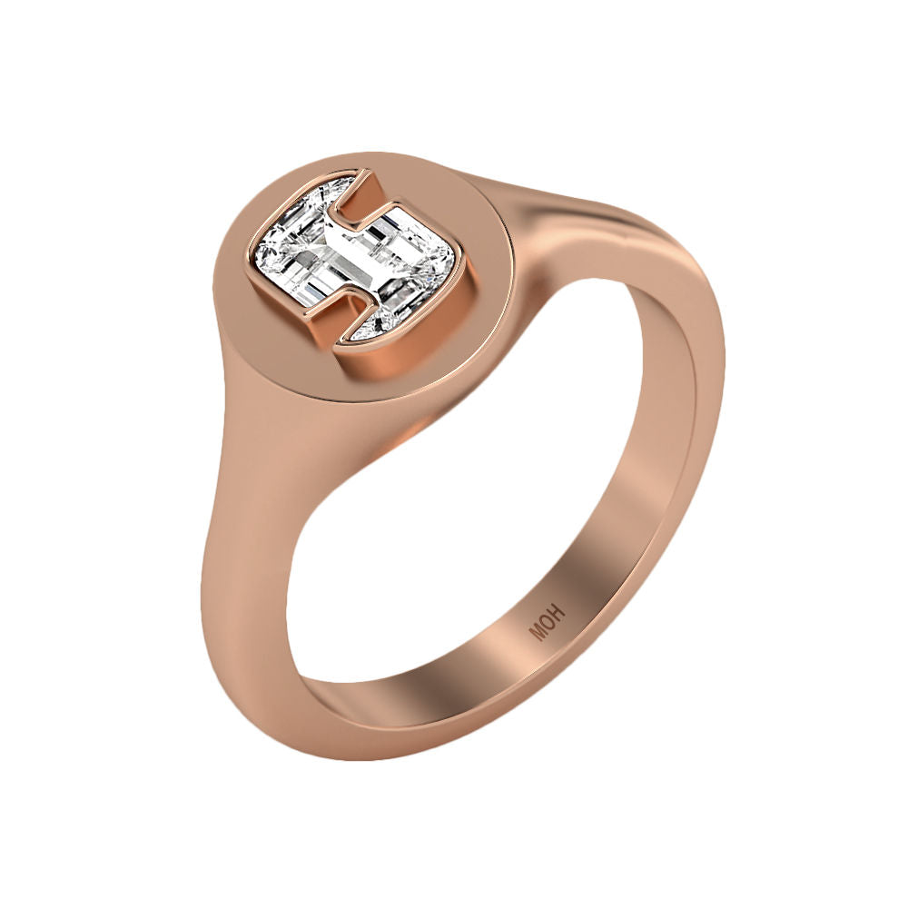 Alphabet 18K Rosegold Initial S Signet Ring w. Solitaire Lab-Grown Diamond