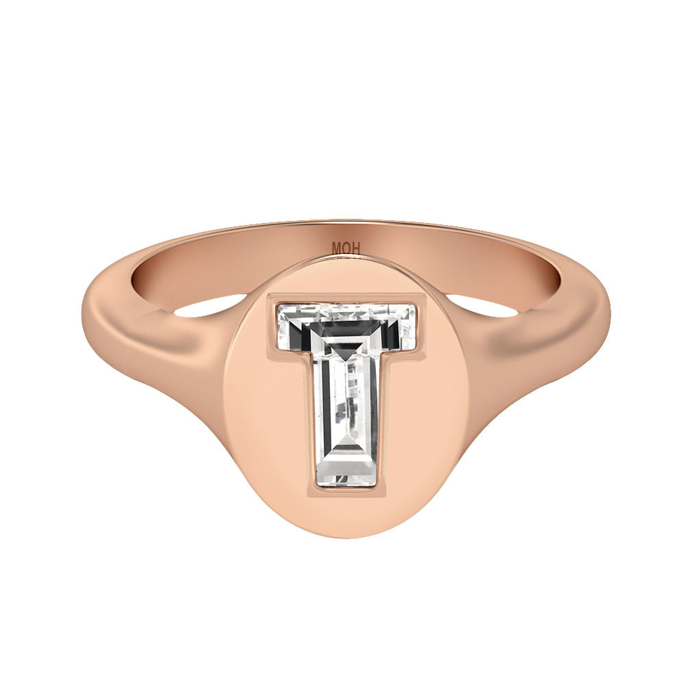 Alphabet 18K Rosegold Initial T Signet Ring w. Solitaire Lab-Grown Diamond