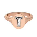 Alphabet 18K Rosegold Initial T Signet Ring w. Solitaire Lab-Grown Diamond