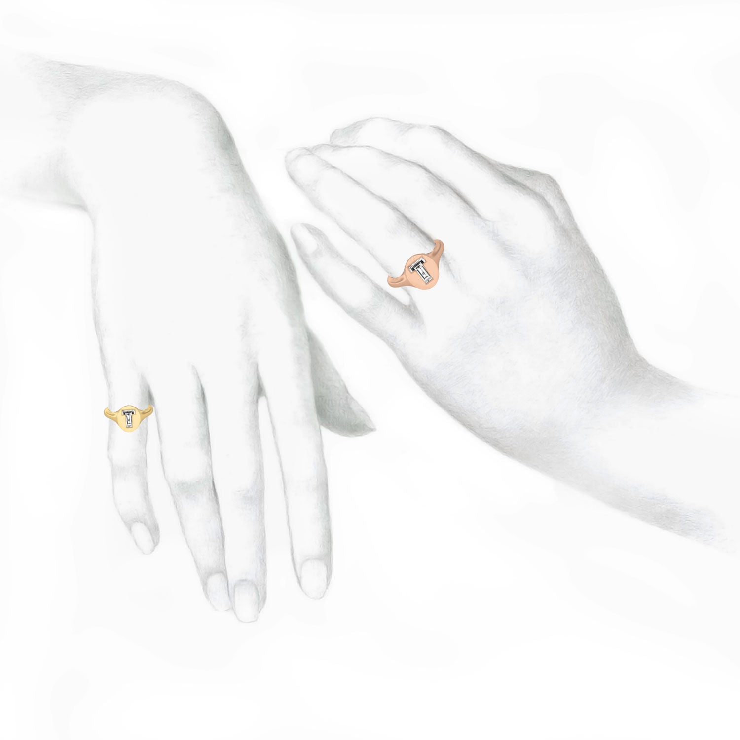 Alphabet 18K Rosegold Initial T Signet Ring w. Solitaire Lab-Grown Diamond