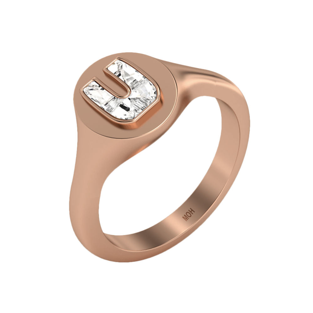 Alphabet 18K Rosegold Initial U Signet Ring w. Solitaire Lab-Grown Diamond
