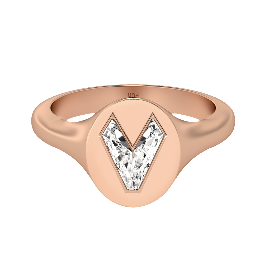 Alfabet 18K Rosaguld Initial V Signet Ring m. Solitaire Lab-Grown Diamant