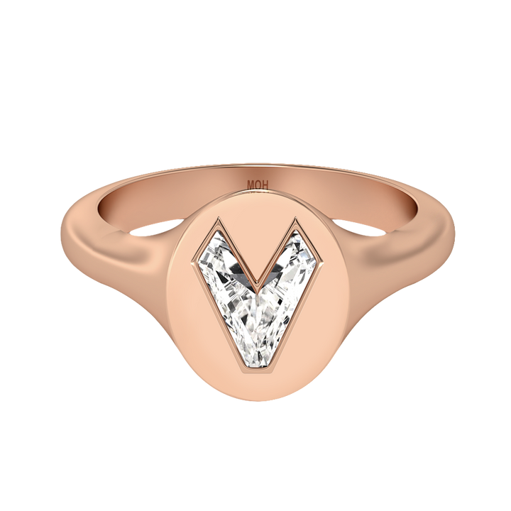 Alfabet 18K Rosaguld Initial V Signet Ring m. Solitaire Lab-Grown Diamant