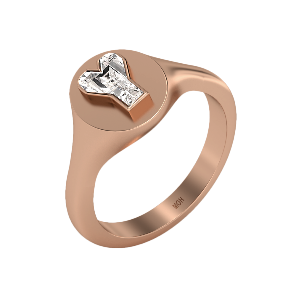 Alphabet 18K Rosegold Initial Y Signet Ring w. Solitaire Lab-Grown Diamond