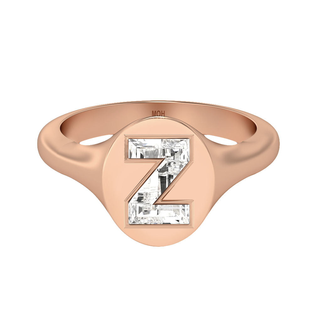 Alphabet 18K Rosegold Initial Z Signet Ring w. Solitaire Lab-Grown Diamond
