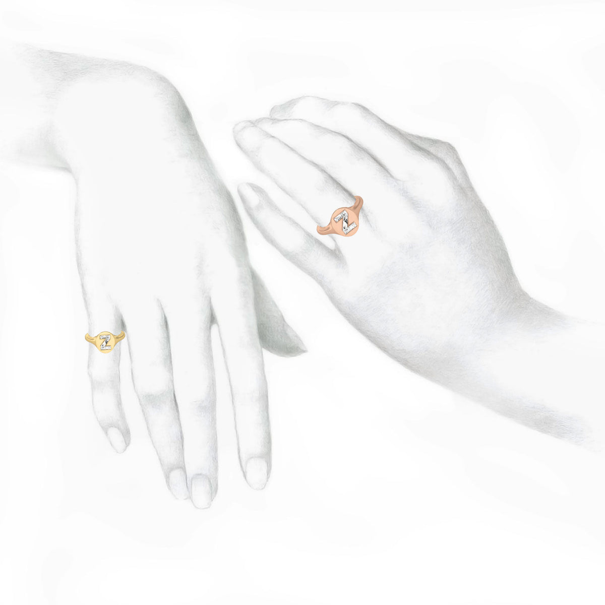 Alphabet 18K Rosegold Initial Z Signet Ring w. Solitaire Lab-Grown Diamond