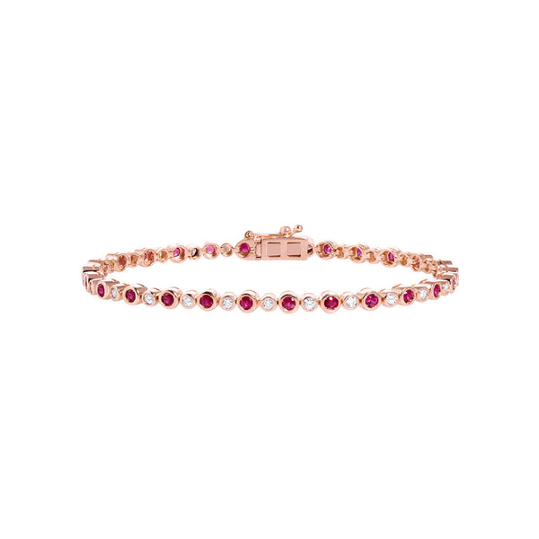 Ruby Bezel 18K Rose Gold Tennis Bracelet w. Diamonds