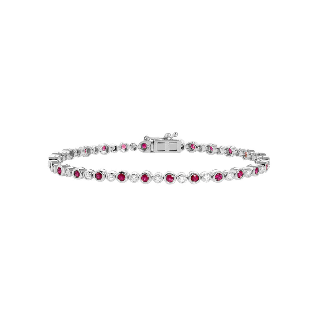 Ruby Bezel 18K White Gold Tennis Bracelet w. Diamonds