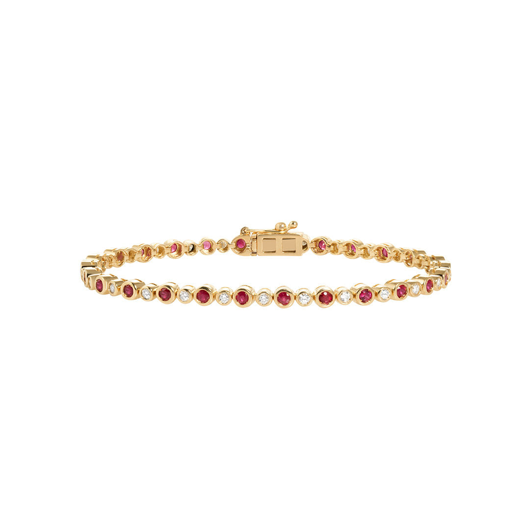 Ruby Bezel 18K Gold Tennis Bracelet w. Diamonds